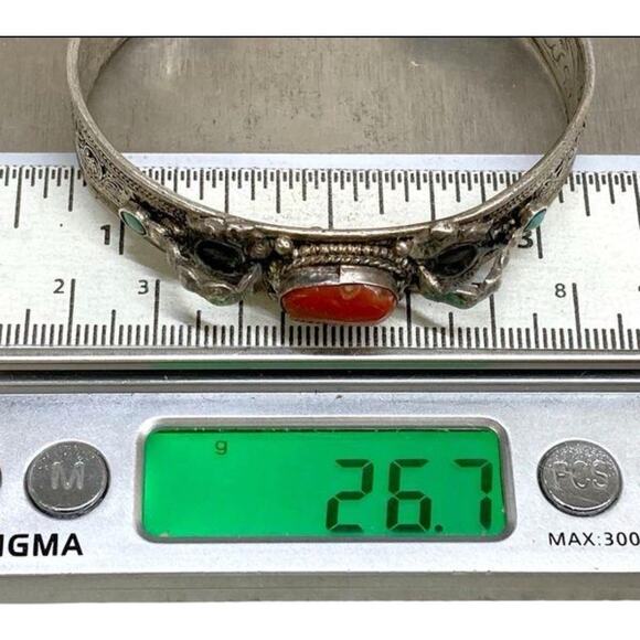 VTG Sterling Silver Turquoise Red Coral Cuff Bracelet- Ornate Design Adjustable - Picture 15 of 15